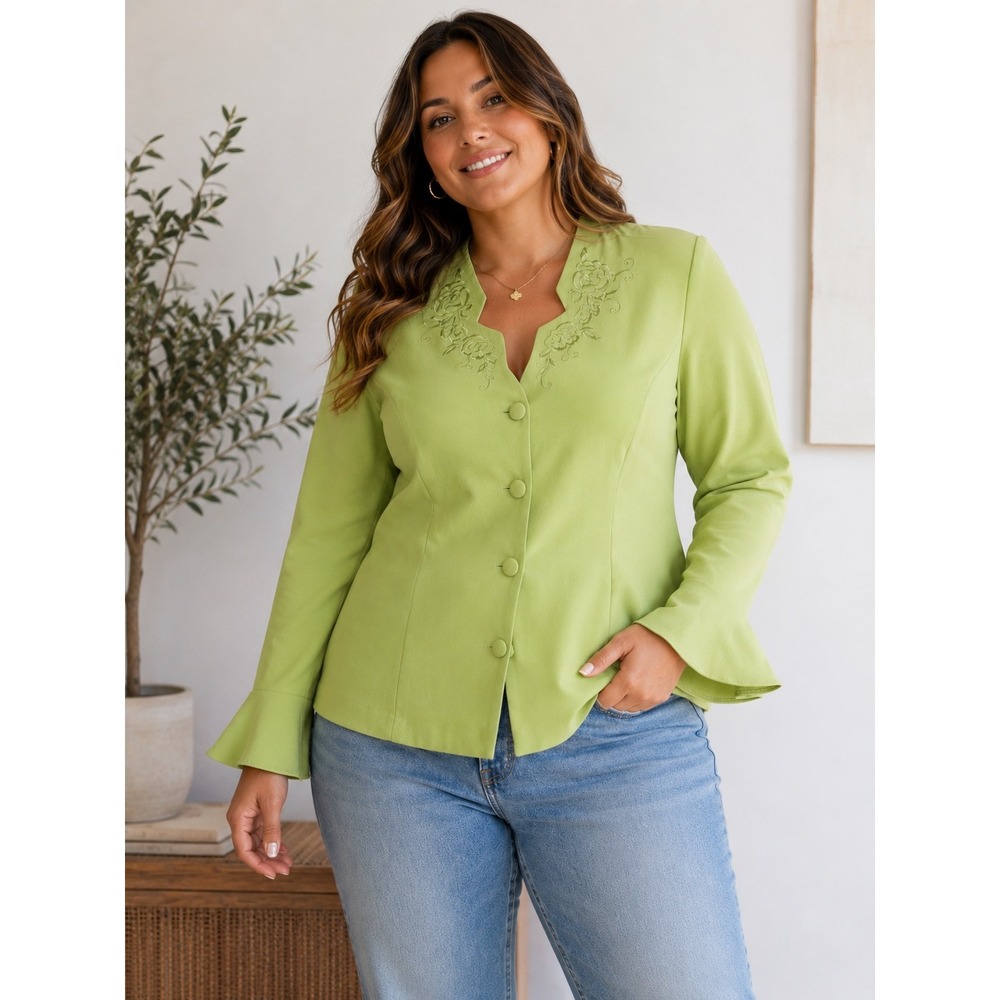 Vintage Pride‎ & Joy Chartreuse Lime Green Blazer 20W Floral Bell Sleeve Y2K